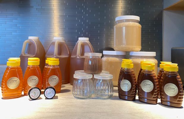 Bottles, jugs and jars of Honey with a Hit honey lined up on a counter